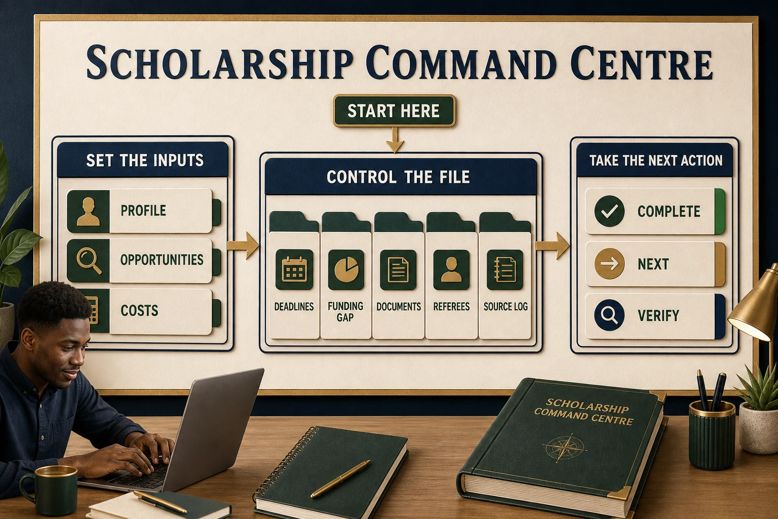 Scholarship Command Centre dashboard showing routes, costs, deadlines, documents and next actions
