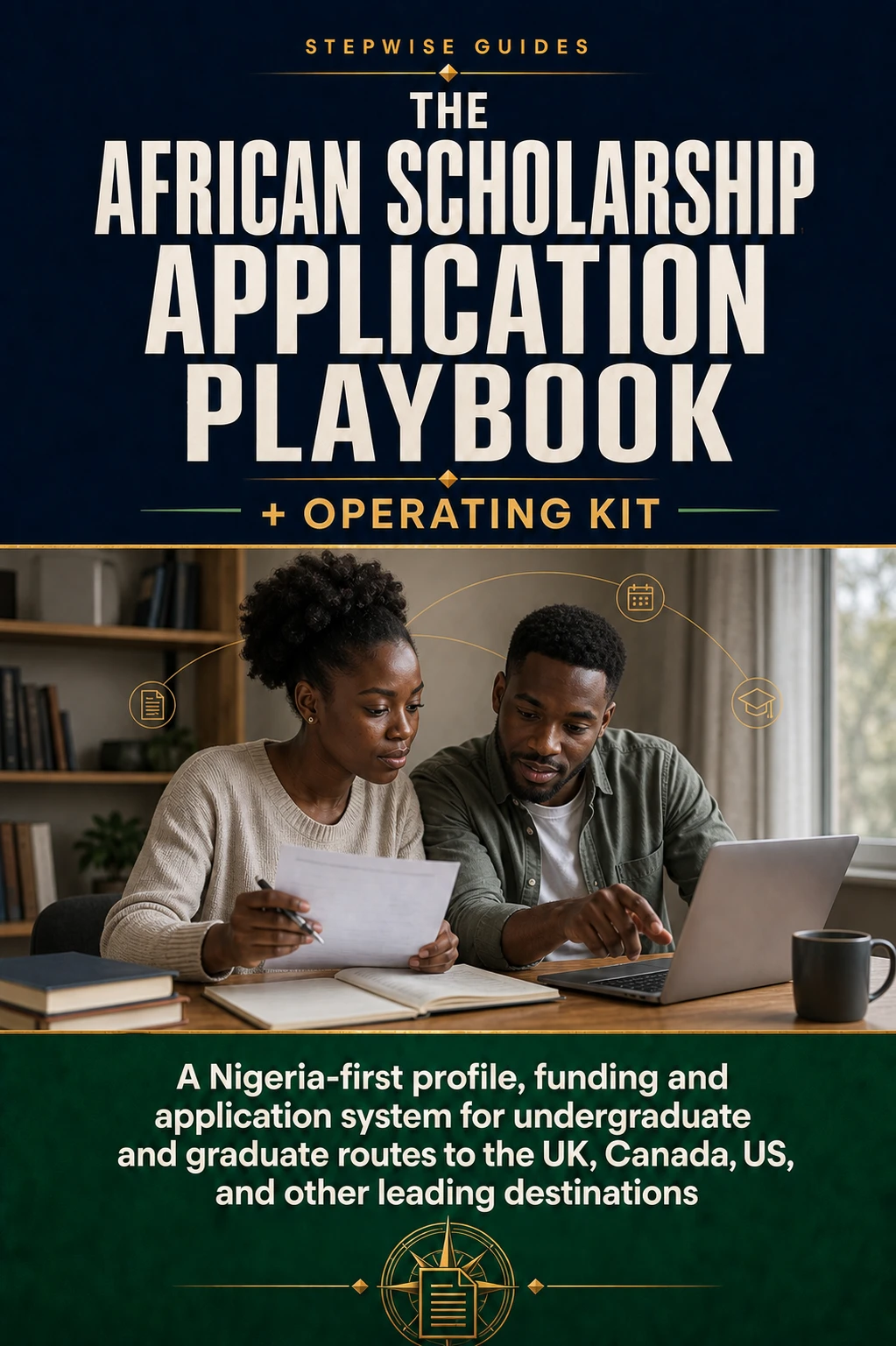 The African Scholarship Application Playbook and Operating Kit cover with a female and male African applicant