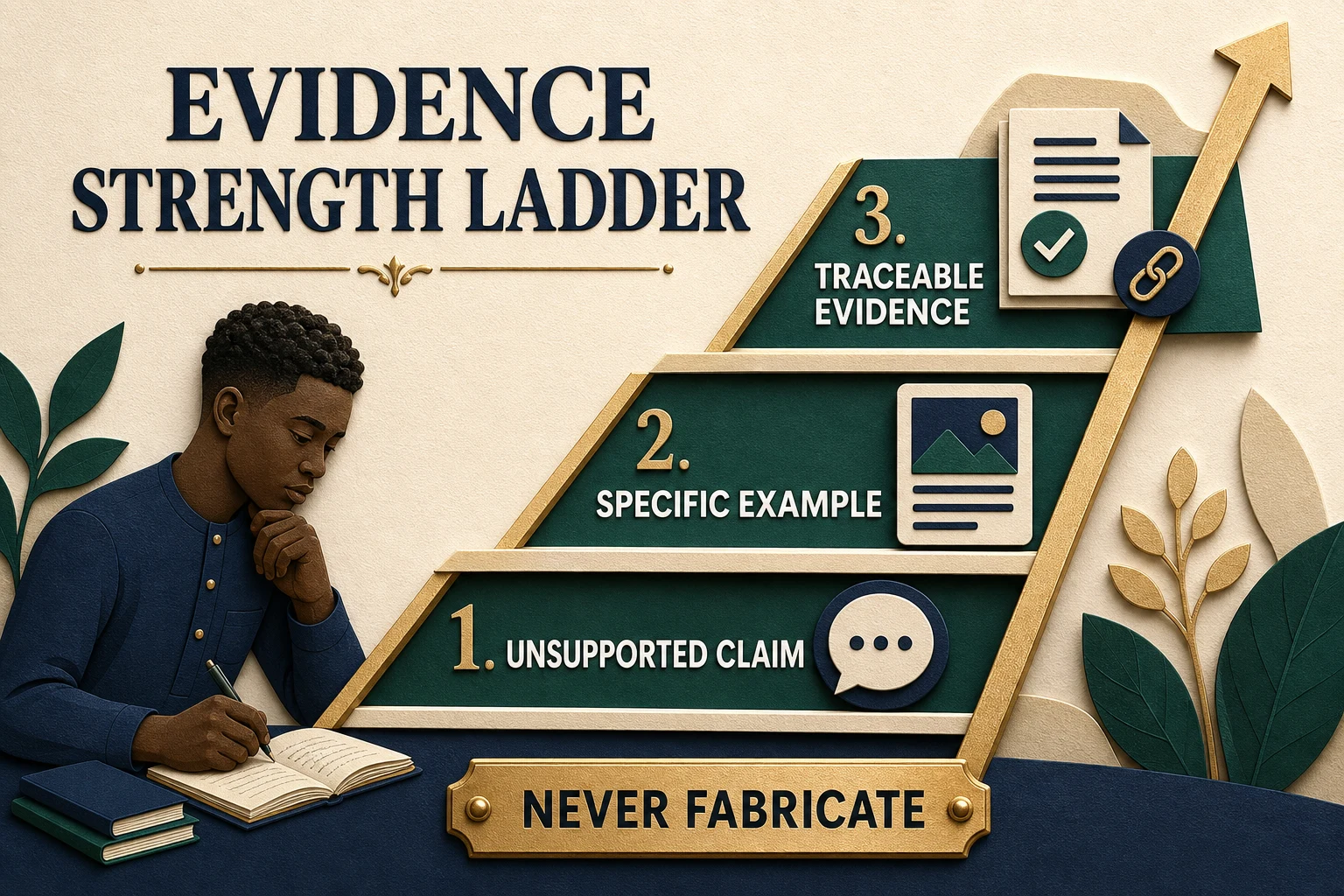 Evidence Strength Ladder moving from unsupported claim to traceable evidence